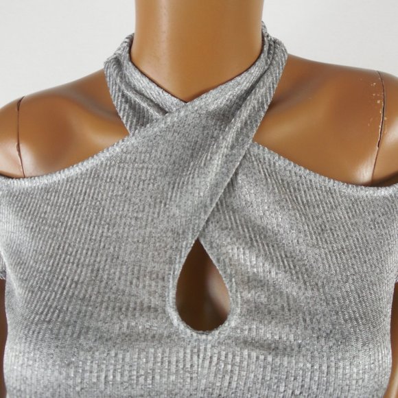 INC Top M NWT Silver X-Neck Shirt Stretch Short Sleeves Party Club Blouse - Picture 3 of 7